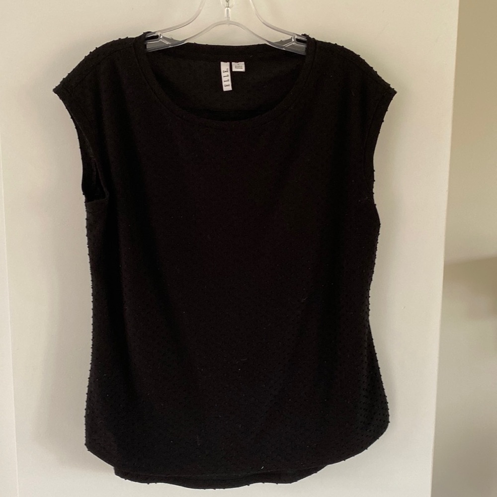ELLE black Swiss dot polka dot raise flocked tee cap sleeve round hem S